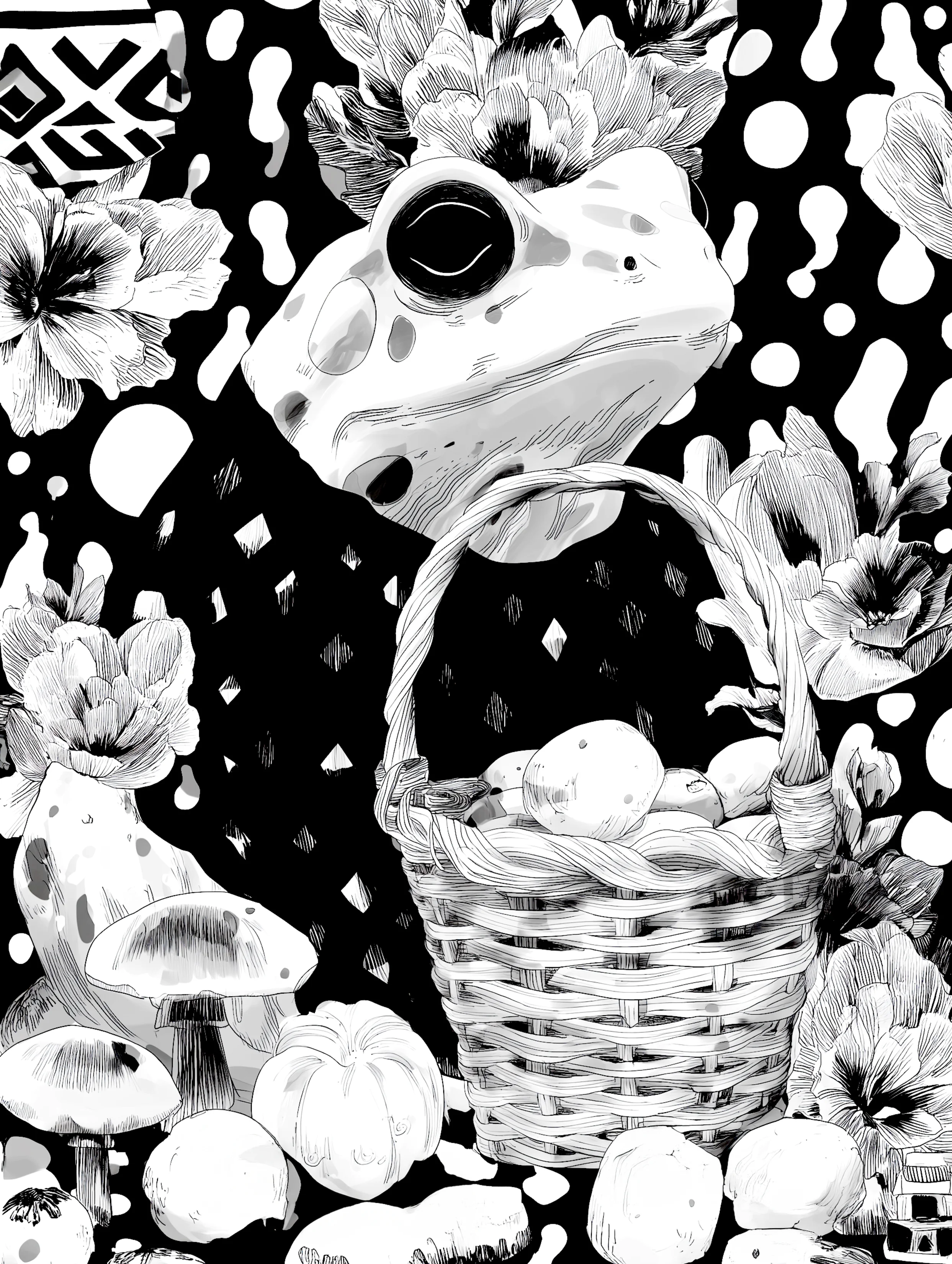 Free printable frog coloring page for adults featuring frog with a basket